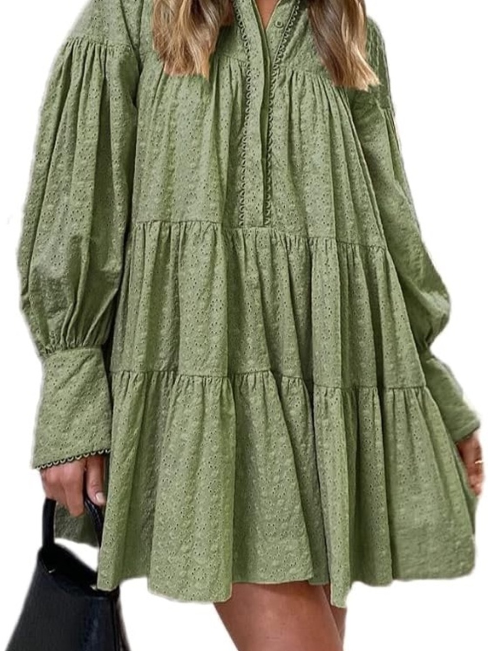 Eyelet Tiered Mini Shirtdress in Laurel Wreath Green